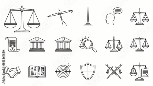 Collection of legal and justice icons representing law, fairness, and judgment in a clean, modern line art style.