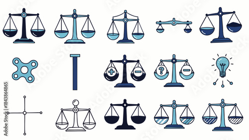 A diverse vector icon set featuring various weighing scales and related symbols, representing concepts of justice, equality, balance, and critical decision-making.