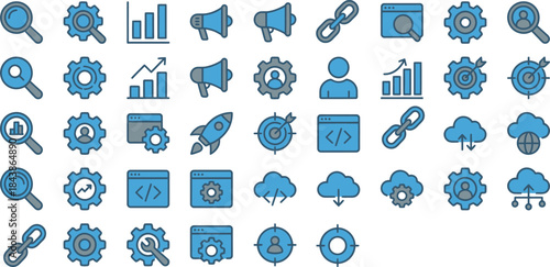 Collection of blue and gray vector icons representing various concepts related to search engine optimization and digital marketing