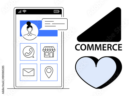 Digital communication, e-commerce, location services, customer care, online shopping, user interface design. Mobile phone icons and commerce theme. E-commerce and digital communication concept