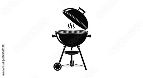 A black silhouette of a classic round barbecue grill with open lid and rising smoke silhouette