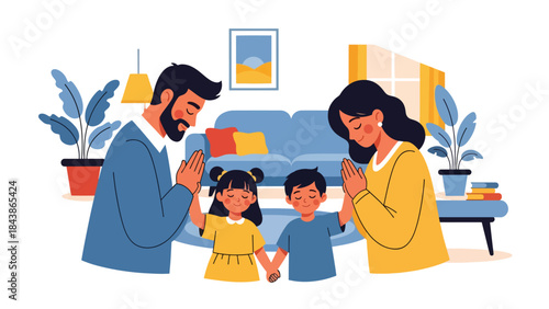 Flat vector illustration of a Christian family praying together at home, ideal for family faith themes, religious education, church presentations, and inspirational content