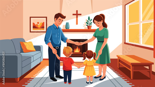 Flat vector illustration of a Christian family praying together at home, ideal for family faith themes, religious education, church presentations, and inspirational content