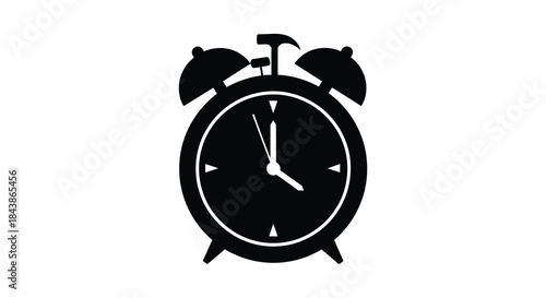 A striking black silhouette of a classic twin bell alarm clock showing a specific time silhouette