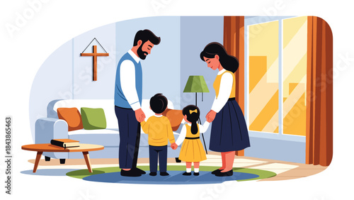 Flat vector illustration of a Christian family praying together at home, ideal for family faith themes, religious education, church presentations, and inspirational content