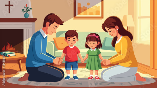 Flat vector illustration of a Christian family praying together at home, ideal for family faith themes, religious education, church presentations, and inspirational content