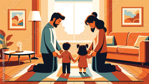 Flat vector illustration of a Christian family praying together at home, ideal for family faith themes, religious education, church presentations, and inspirational content