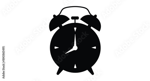 A striking black silhouette of a classic twin bell alarm clock displaying the time