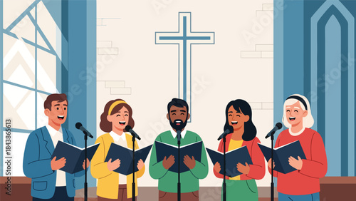 Modern flat vector illustration of a Christian church choir singing worship songs, ideal for music ministry visuals, church media, and faith-based promotions