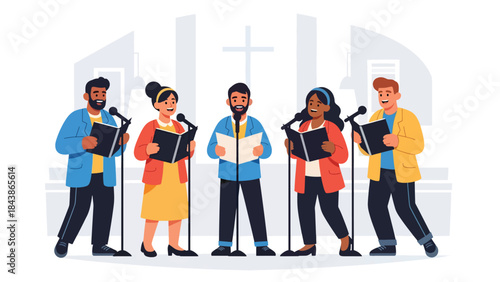 Modern flat vector illustration of a Christian church choir singing worship songs, ideal for music ministry visuals, church media, and faith-based promotions