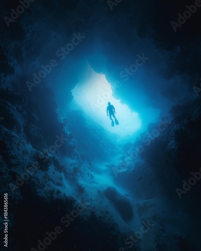 Diver exploring an underwater cave with light filtering from above