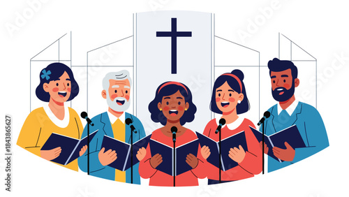 Modern flat vector illustration of a Christian church choir singing worship songs, ideal for music ministry visuals, church media, and faith-based promotions