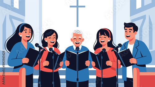 Modern flat vector illustration of a Christian church choir singing worship songs, ideal for music ministry visuals, church media, and faith-based promotions