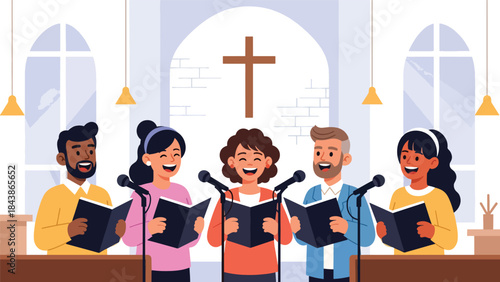 Modern flat vector illustration of a Christian church choir singing worship songs, ideal for music ministry visuals, church media, and faith-based promotions