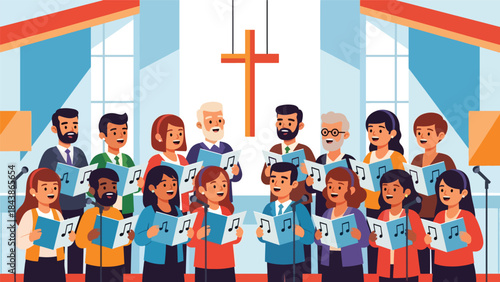 Modern flat vector illustration of a Christian church choir singing worship songs, ideal for music ministry visuals, church media, and faith-based promotions