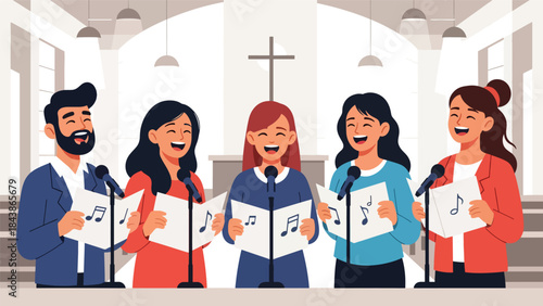 Modern flat vector illustration of a Christian church choir singing worship songs, ideal for music ministry visuals, church media, and faith-based promotions