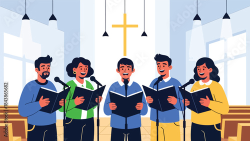Modern flat vector illustration of a Christian church choir singing worship songs, ideal for music ministry visuals, church media, and faith-based promotions