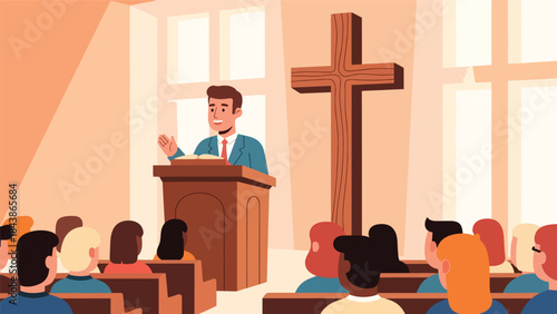 Flat vector illustration of a Christian pastor preaching a sermon in church, ideal for religious education, church events, ministry content, and faith visuals