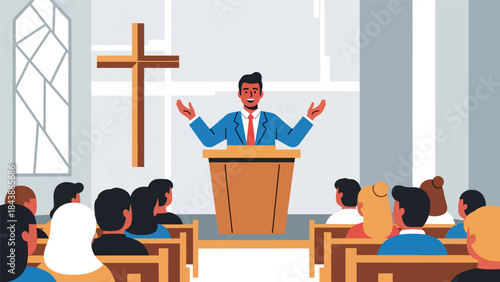 Flat vector illustration of a Christian pastor preaching a sermon in church, ideal for religious education, church events, ministry content, and faith visuals