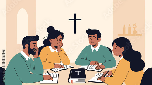 Modern flat vector illustration of a Christian Bible study group discussing scripture, ideal for religious education, small group ministry, and faith-based visuals