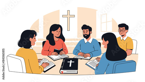 Modern flat vector illustration of a Christian Bible study group discussing scripture, ideal for religious education, small group ministry, and faith-based visuals