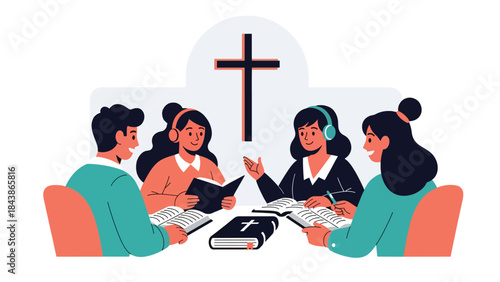 Modern flat vector illustration of a Christian Bible study group discussing scripture, ideal for religious education, small group ministry, and faith-based visuals