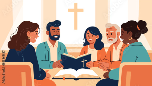 Modern flat vector illustration of a Christian Bible study group discussing scripture, ideal for religious education, small group ministry, and faith-based visuals