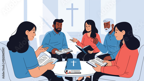 Modern flat vector illustration of a Christian Bible study group discussing scripture, ideal for religious education, small group ministry, and faith-based visuals