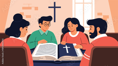Modern flat vector illustration of a Christian Bible study group discussing scripture, ideal for religious education, small group ministry, and faith-based visuals