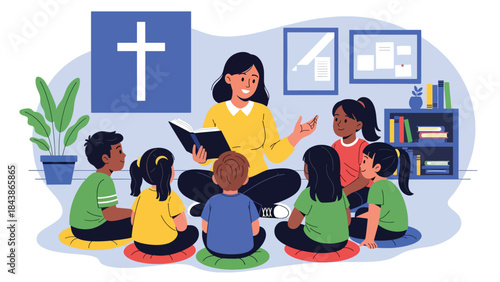 Flat vector illustration of Christian Sunday school activities for children, ideal for religious education, kids ministry, church programs, and learning materials