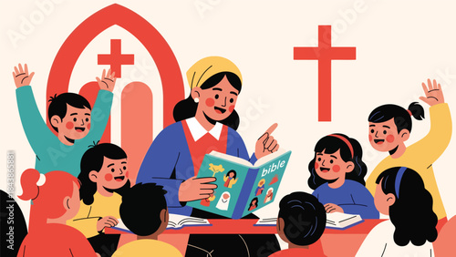 Flat vector illustration of Christian Sunday school activities for children, ideal for religious education, kids ministry, church programs, and learning materials