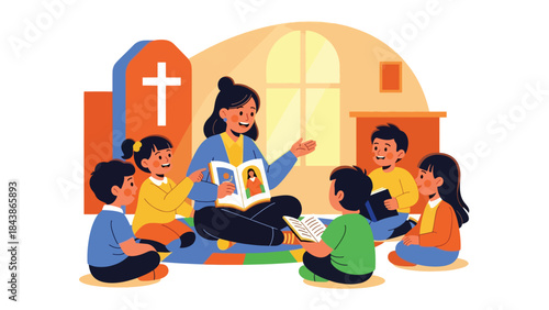 Flat vector illustration of Christian Sunday school activities for children, ideal for religious education, kids ministry, church programs, and learning materials