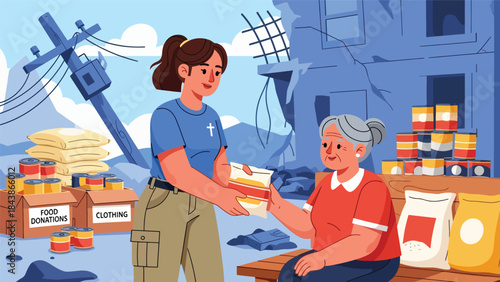 Modern flat vector illustration of Christian volunteers helping people in need, ideal for charity campaigns, church outreach, faith-based social programs, and compassion themes