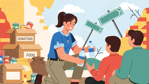 Modern flat vector illustration of Christian volunteers helping people in need, ideal for charity campaigns, church outreach, faith-based social programs, and compassion themes