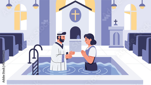 Flat vector illustration of a Christian baptism ceremony in church, ideal for religious milestones, church education, faith content, and spiritual symbolism