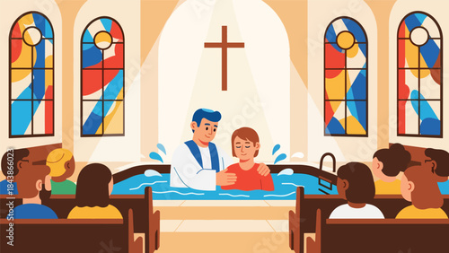 Flat vector illustration of a Christian baptism ceremony in church, ideal for religious milestones, church education, faith content, and spiritual symbolism
