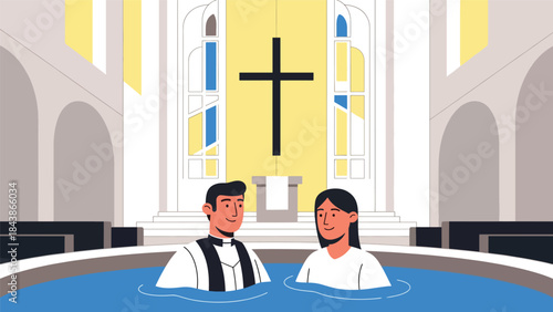 Flat vector illustration of a Christian baptism ceremony in church, ideal for religious milestones, church education, faith content, and spiritual symbolism