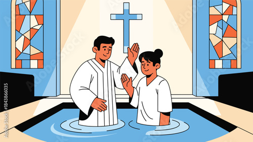 Flat vector illustration of a Christian baptism ceremony in church, ideal for religious milestones, church education, faith content, and spiritual symbolism