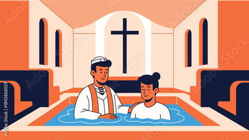 Flat vector illustration of a Christian baptism ceremony in church, ideal for religious milestones, church education, faith content, and spiritual symbolism