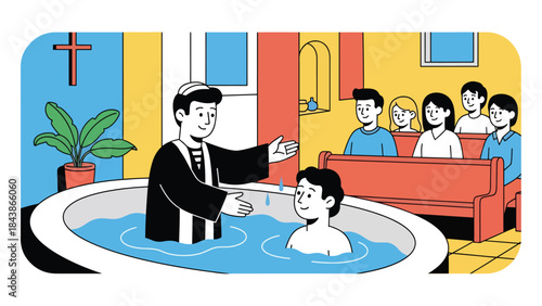 Flat vector illustration of a Christian baptism ceremony in church, ideal for religious milestones, church education, faith content, and spiritual symbolism