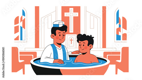 Flat vector illustration of a Christian baptism ceremony in church, ideal for religious milestones, church education, faith content, and spiritual symbolism
