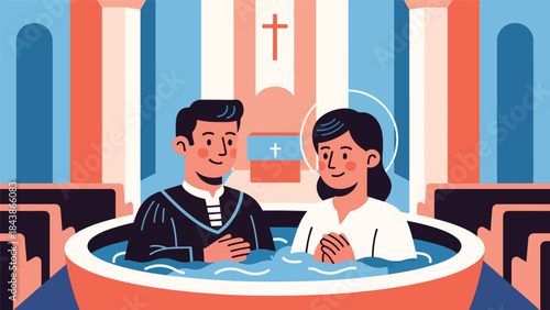 Flat vector illustration of a Christian baptism ceremony in church, ideal for religious milestones, church education, faith content, and spiritual symbolism
