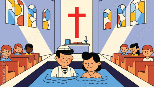 Flat vector illustration of a Christian baptism ceremony in church, ideal for religious milestones, church education, faith content, and spiritual symbolism
