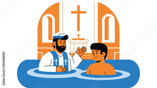Flat vector illustration of a Christian baptism ceremony in church, ideal for religious milestones, church education, faith content, and spiritual symbolism
