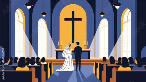 Modern flat vector illustration of a Christian wedding ceremony in church, ideal for religious marriage themes, church events, and faith-based family visuals