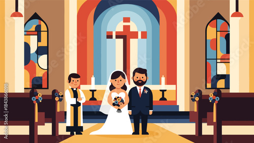 Modern flat vector illustration of a Christian wedding ceremony in church, ideal for religious marriage themes, church events, and faith-based family visuals