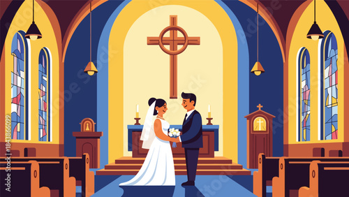 Modern flat vector illustration of a Christian wedding ceremony in church, ideal for religious marriage themes, church events, and faith-based family visuals