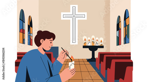 Flat vector illustration of a Christian lighting candles inside a church, ideal for prayer visuals, spiritual reflection, religious content, and faith-based design