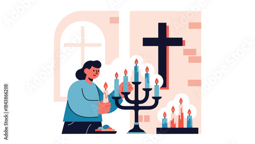 Flat vector illustration of a Christian lighting candles inside a church, ideal for prayer visuals, spiritual reflection, religious content, and faith-based design