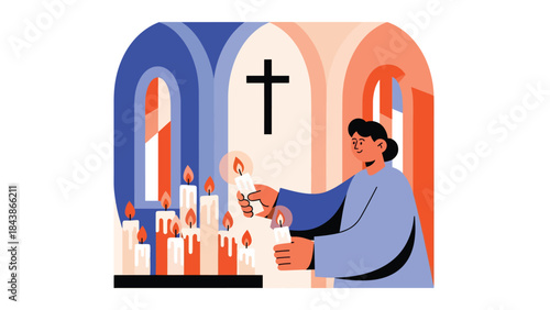 Flat vector illustration of a Christian lighting candles inside a church, ideal for prayer visuals, spiritual reflection, religious content, and faith-based design